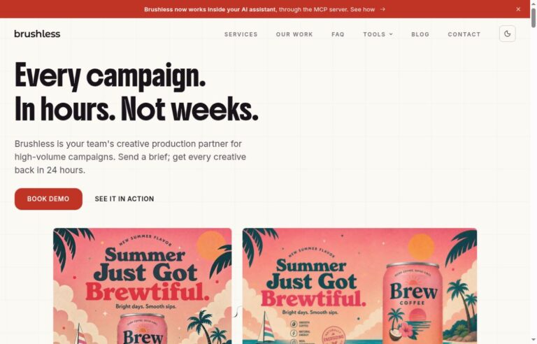 Brushless homepage with a creative-production headline, a red Book Demo button and pink coffee-campaign examples.