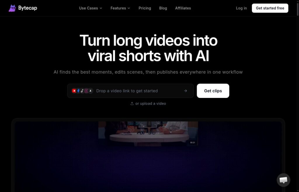 Bytecap homepage with its logo, video-to-shorts headline, empty video-link field and Get clips button above a provider demonstration.