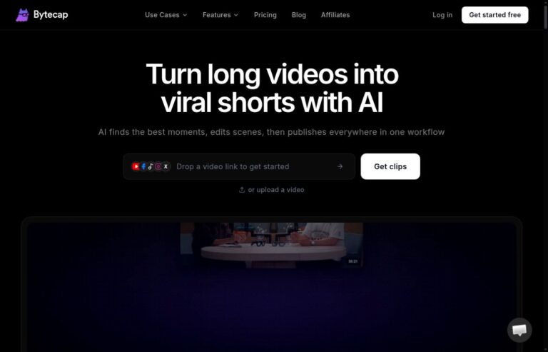 Bytecap homepage with its logo, video-to-shorts headline, empty video-link field and Get clips button above a provider demonstration.