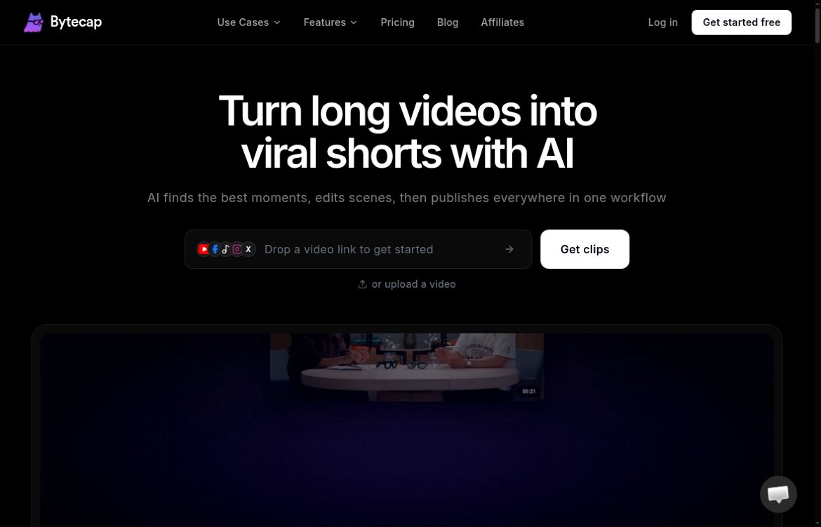 Bytecap homepage with its logo, video-to-shorts headline, empty video-link field and Get clips button above a provider demonstration.
