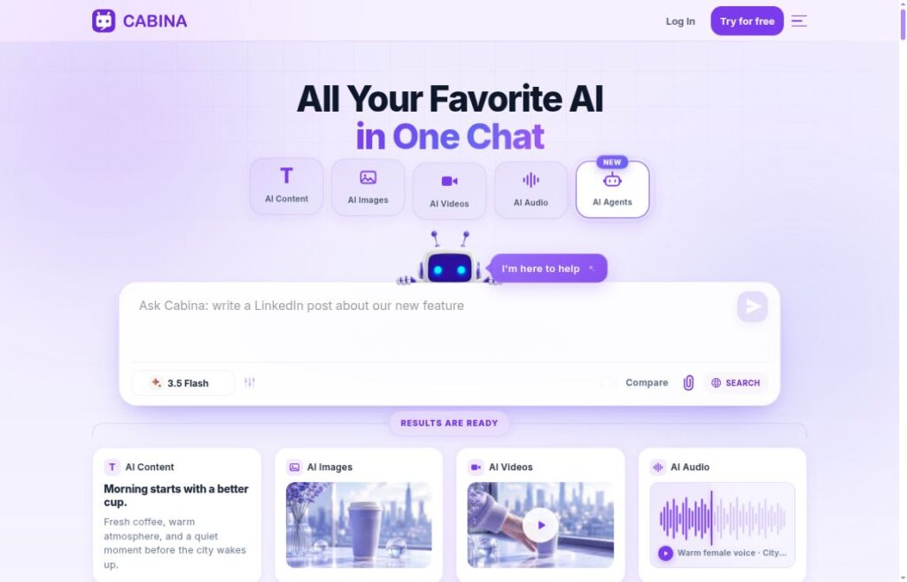 Cabina AI homepage showing its multi-model chat preview and tabs for content, images, video, audio and agents