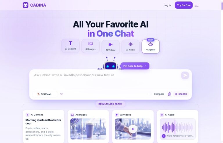 Cabina AI homepage showing its multi-model chat preview and tabs for content, images, video, audio and agents