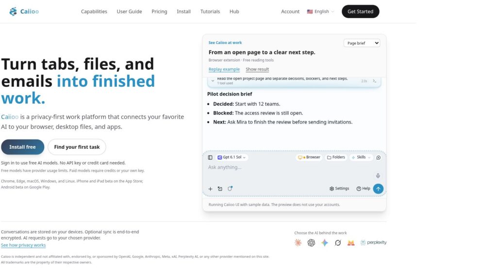 Caiioo: AI Workspace for Review-First File and Browser Tasks 4 Caiioo official homepage introduction with a sample AI workspace panel
