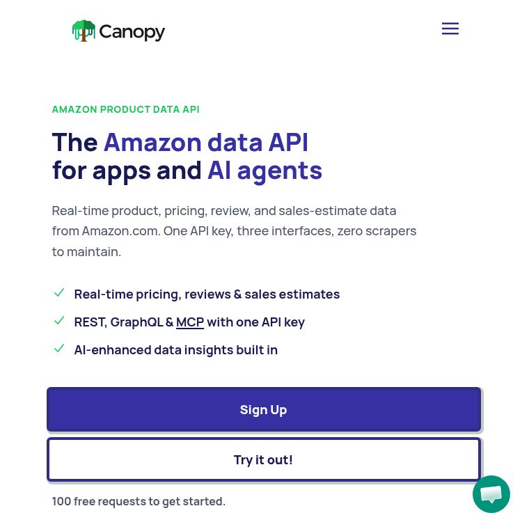 Canopy API homepage with its Amazon-data headline, interface list and sign-up and trial buttons.