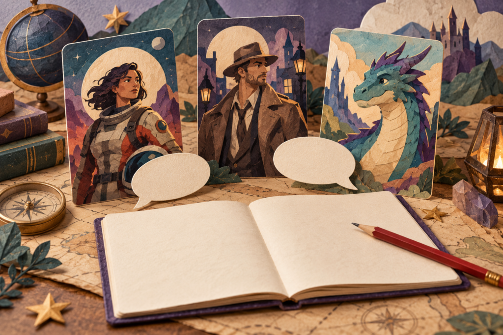 Chai 4 Paper character cards showing a space explorer, a detective and a dragon, beside blank speech bubbles, an open notebook and a red pencil.