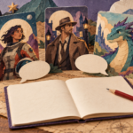 Paper character cards showing a space explorer, a detective and a dragon, beside blank speech bubbles, an open notebook and a red pencil.