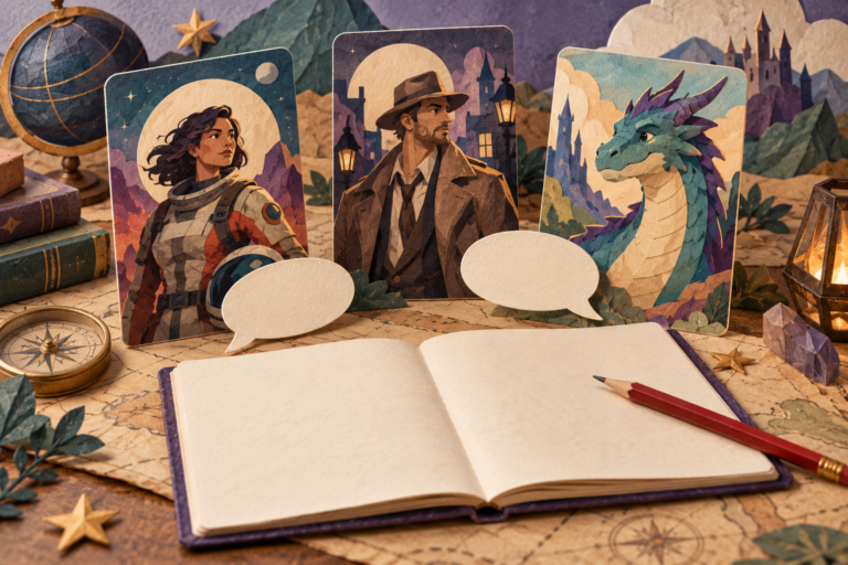 Paper character cards showing a space explorer, a detective and a dragon, beside blank speech bubbles, an open notebook and a red pencil.