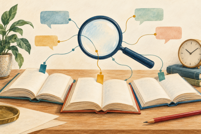 Navy magnifying glass over three open books, connected speech bubbles and bookmarks, with a clock and red pencil.