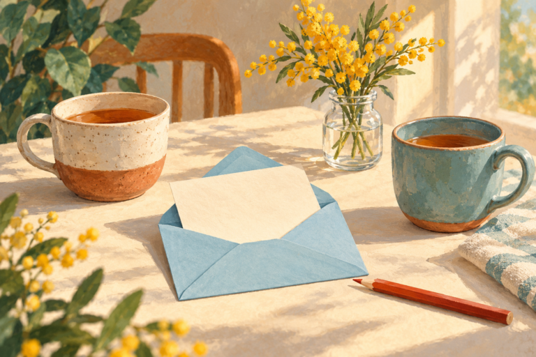Two mugs of tea beside an open blue envelope with a blank note, yellow flowers in a glass vase, and a red pencil.