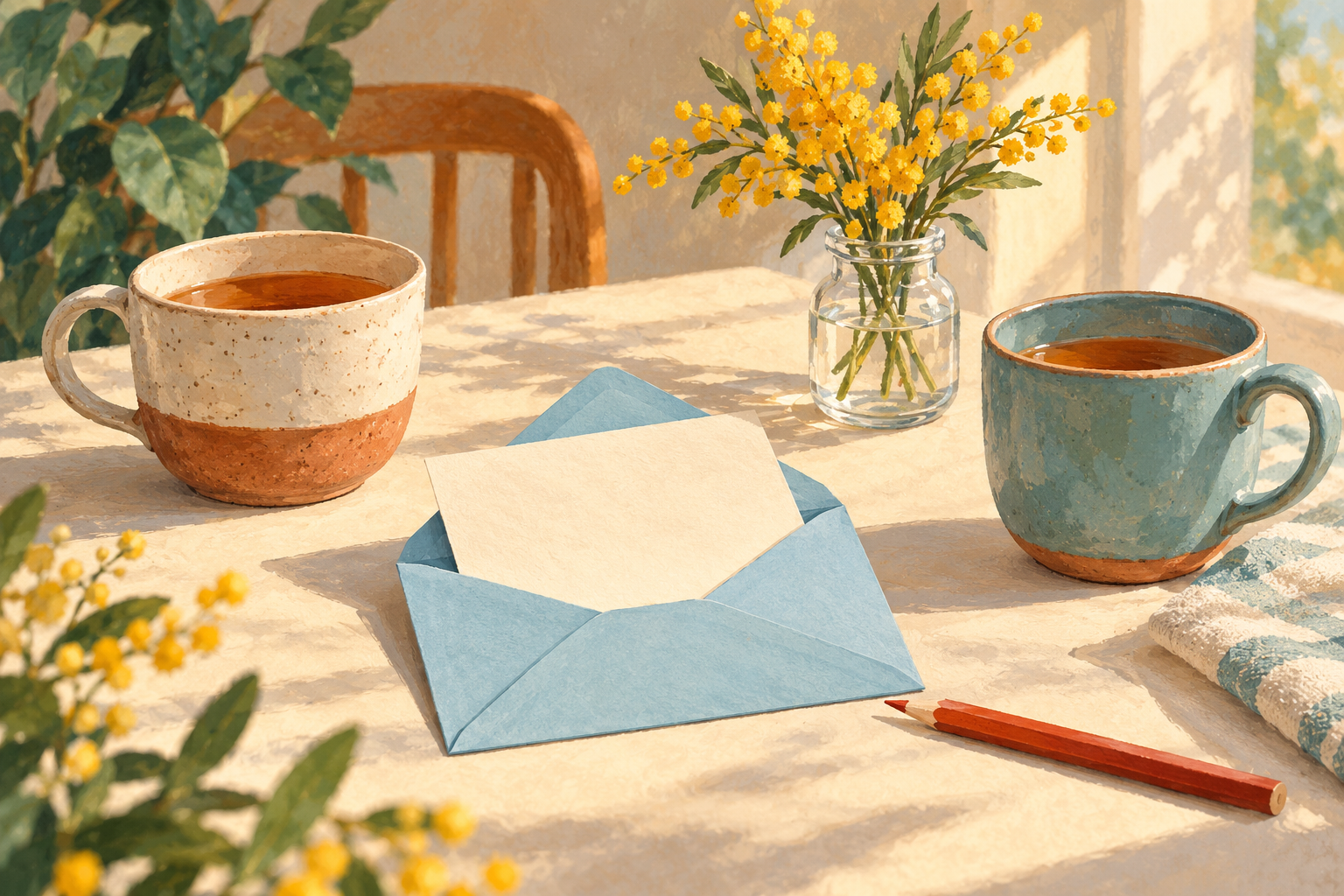 60 Gentle Check-In Messages for a Busy Friend 2 Two mugs of tea beside an open blue envelope with a blank note, yellow flowers in a glass vase, and a red pencil.