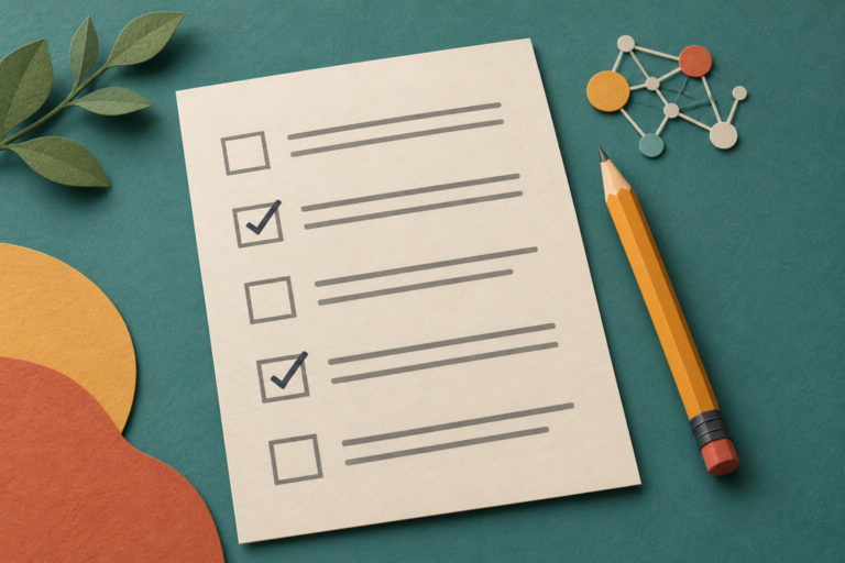 Illustration of a questionnaire with checked and unchecked boxes, a pencil, and an abstract AI network motif.