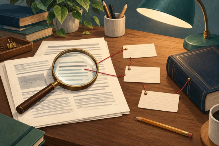 Magnifying glass over a reference document beside linked index cards and books.