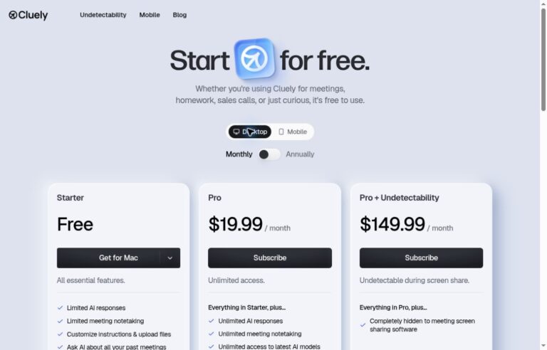 Cluely AI 1 Cluely official desktop pricing page with monthly Starter, Pro and Pro plus Undetectability plans