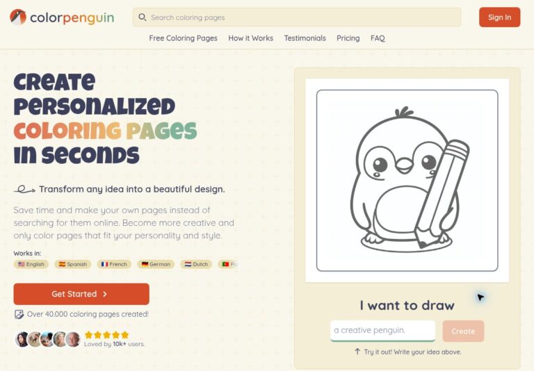 Colorpenguin AI 3 ColorPenguin homepage with its logo, coloring-page introduction, full default penguin illustration and unfilled public demo form
