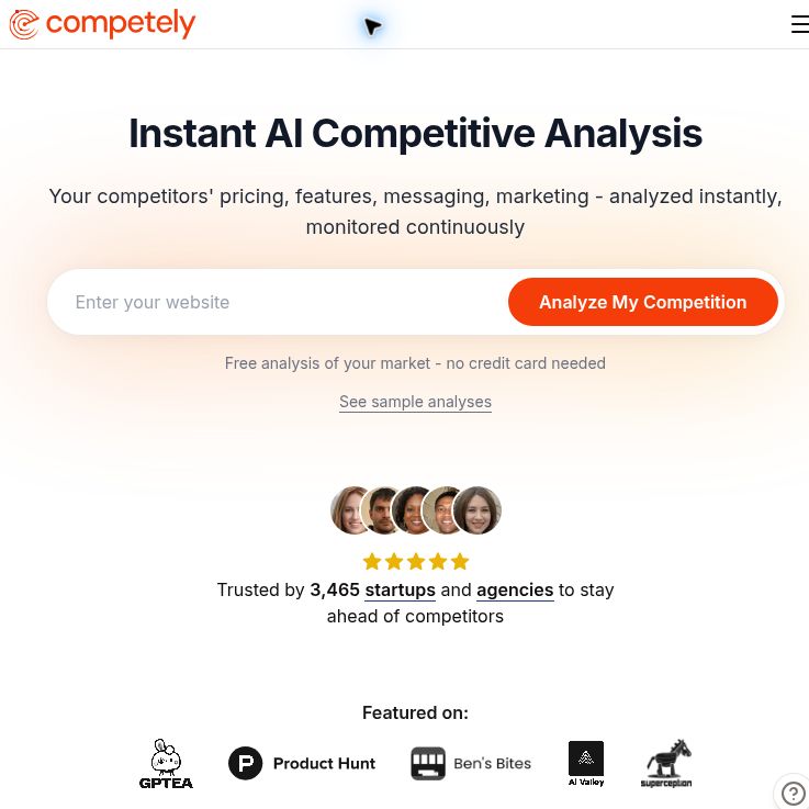 Competely homepage with its competitive-analysis headline, empty website field and Analyze My Competition button.