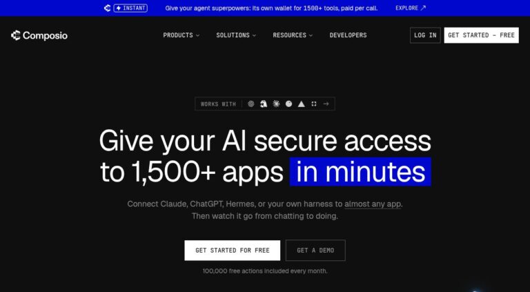 Composio AI 8 Composio official homepage with logo, app-access headline, compatibility icons, Instant banner and free-action offer