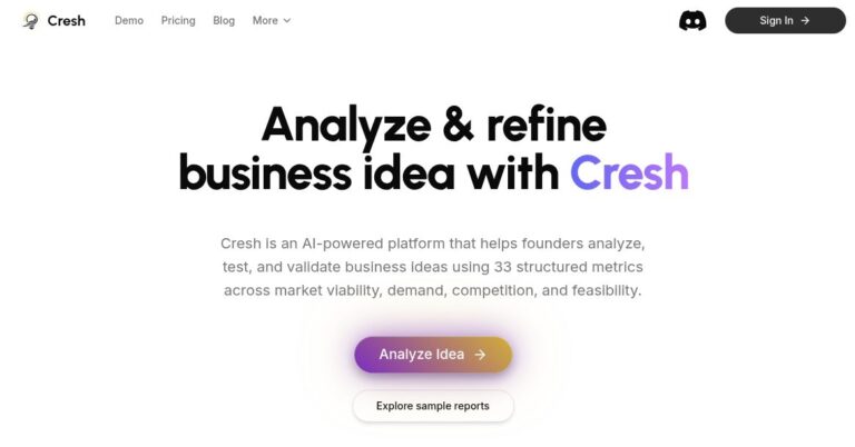 Cresh homepage with its business idea analysis headline, 33-metric description and Analyze Idea button.
