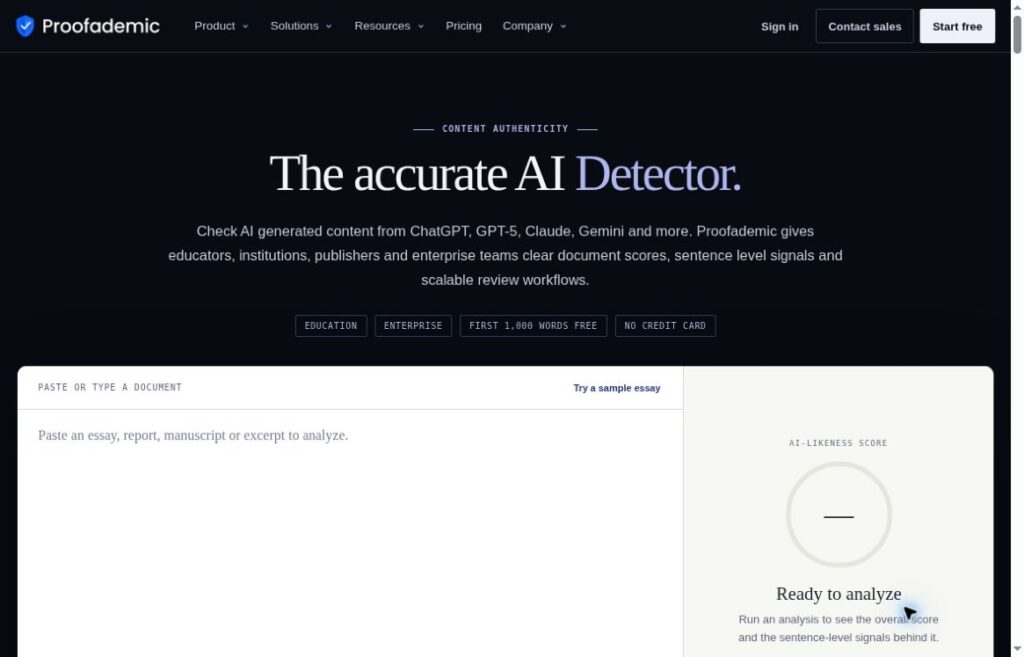 Proofademic homepage with its wordmark, AI detector headline and empty document-analysis demo.