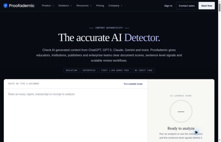 Proofademic homepage with its wordmark, AI detector headline and empty document-analysis demo.