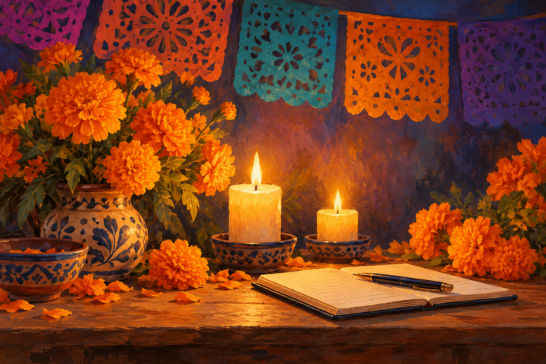 Illustration of marigolds, candles, papel picado and an open notebook for writing a remembrance
