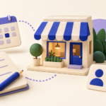 Editorial illustration of a small storefront with website-planning and customer-service cards