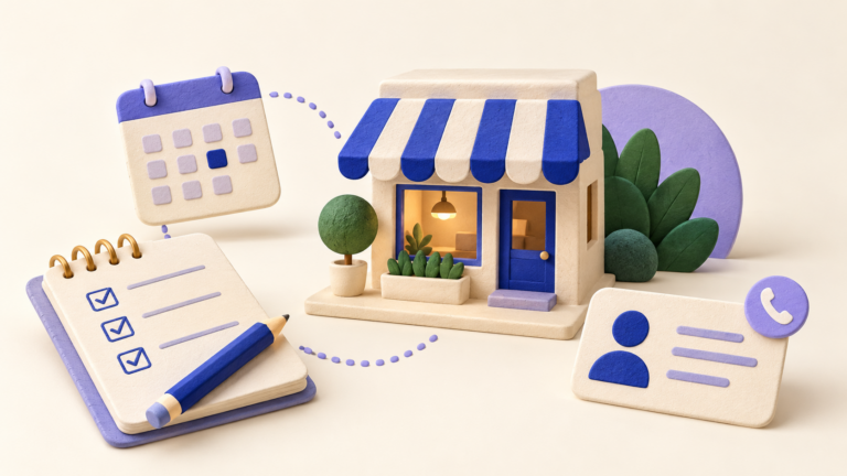 Editorial illustration of a small storefront with website-planning and customer-service cards