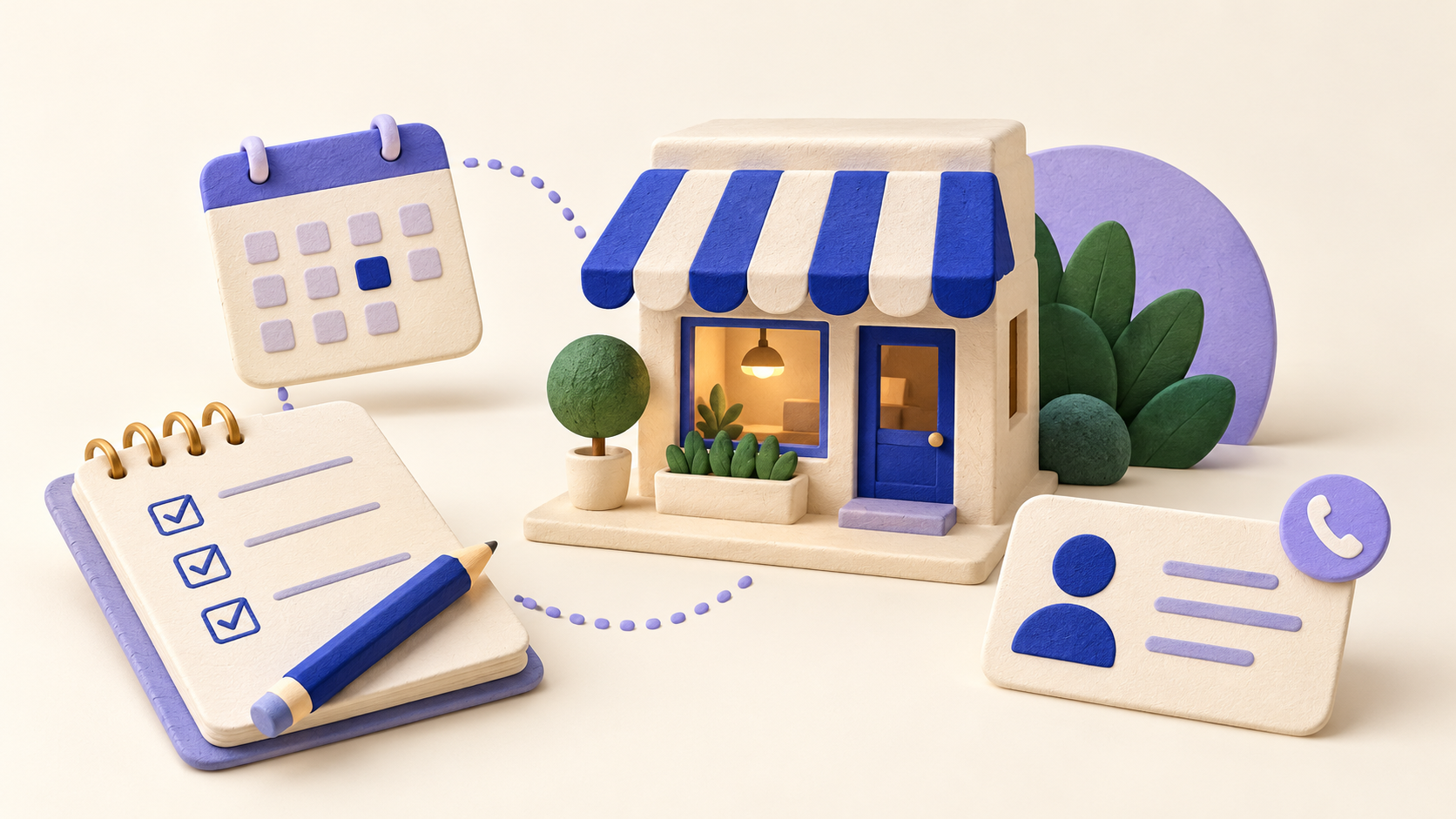 Durable AI Site Builder 2 Editorial illustration of a small storefront with website-planning and customer-service cards
