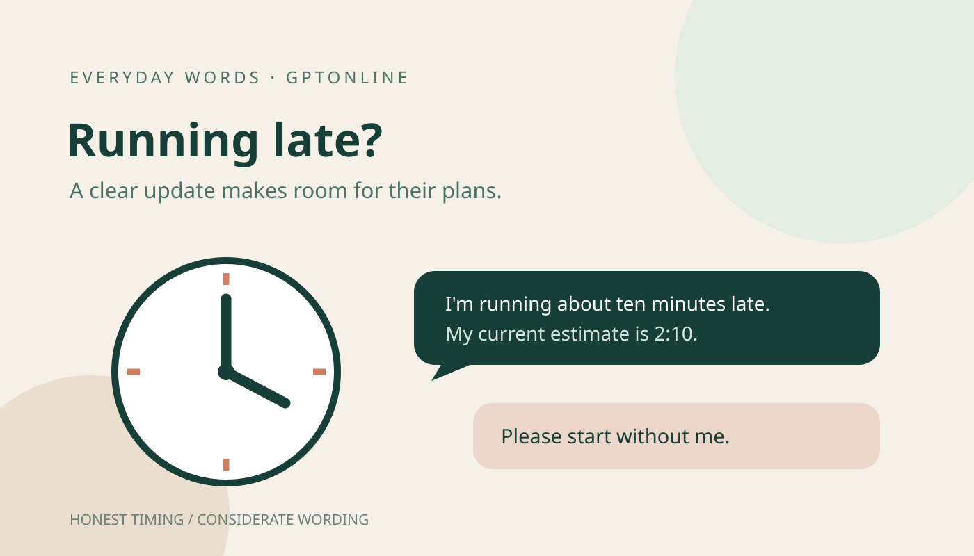 48 Polite Messages to Say You Are Running Late 1 Original illustration of a clock beside messages giving an arrival estimate and asking others to start without waiting.