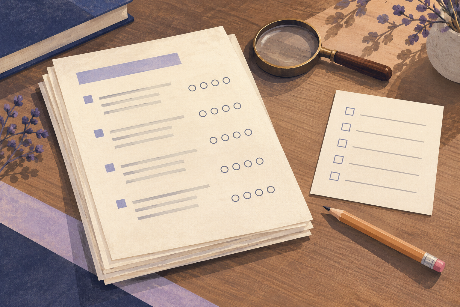 Conceptual illustration of exam papers with empty answer circles, a blank checklist, magnifying glass and pencil on a wooden desk.