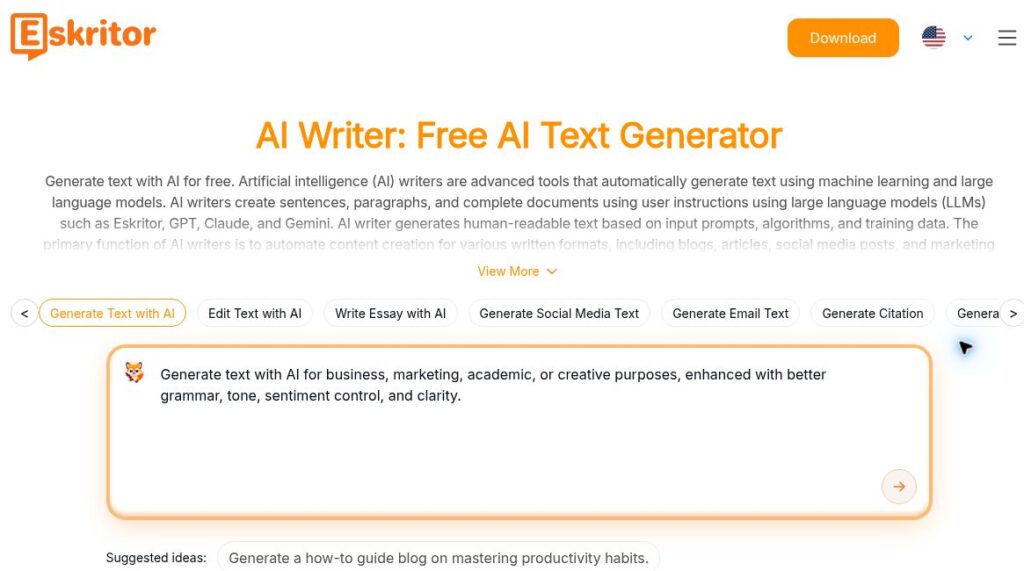 Eskritor homepage with its AI writer heading, writing-mode tabs and default text-generation prompt box.