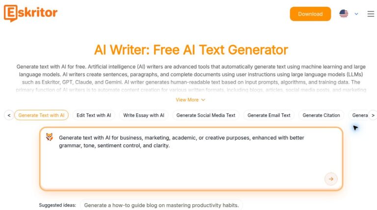 Eskritor homepage with its AI writer heading, writing-mode tabs and default text-generation prompt box.