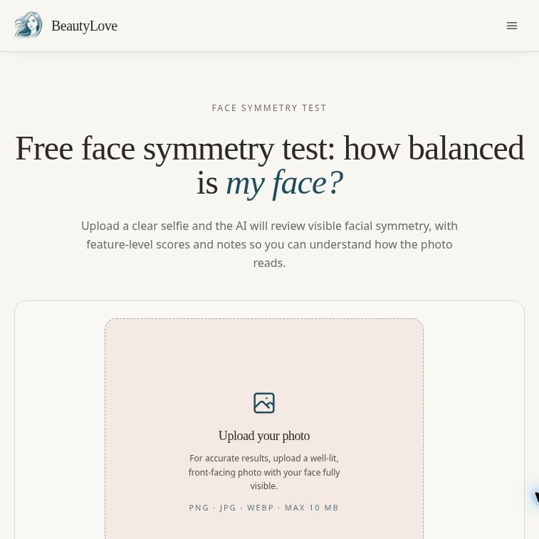 BeautyLove Face Symmetry Test page showing its headline and empty photo upload area.