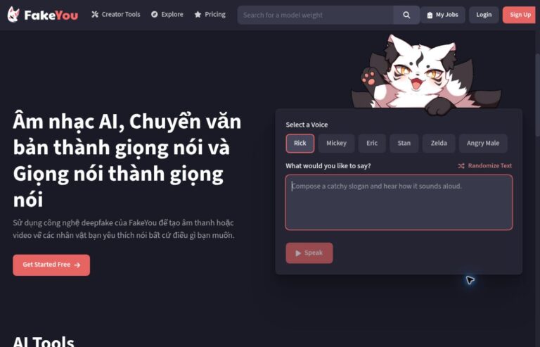 FakeYou homepage voice demo with its logo, cat mascot, voice selector, empty text box and Vietnamese headline
