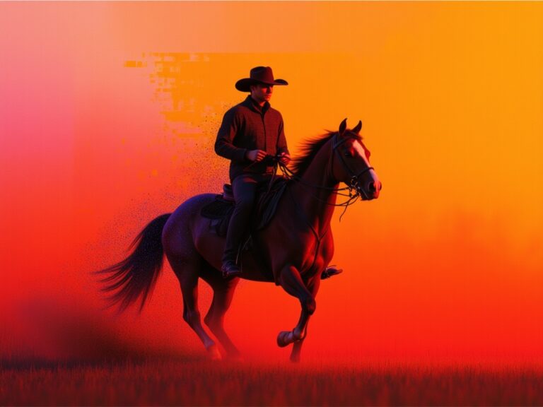A rider in a cowboy hat on a galloping horse against an orange-red sky — official FLUX 3 Max sample visual from fal