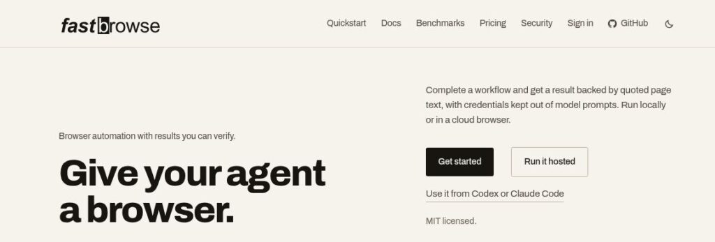 fastbrowse: Browser Automation, Evidence and Hosted Costs 5 fastbrowse official homepage header with its browser automation introduction