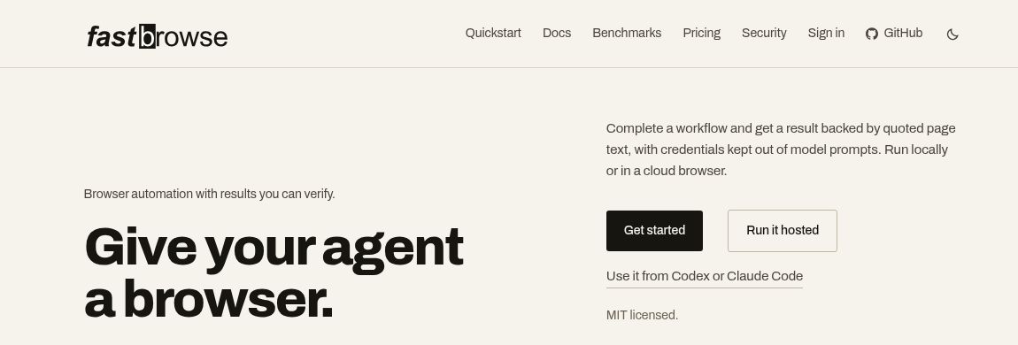 fastbrowse official homepage header with its browser automation introduction