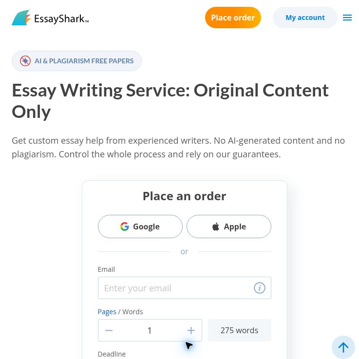EssayShark homepage, the website linked from the FastEssay listing, with its human-writing service headline and empty order form.