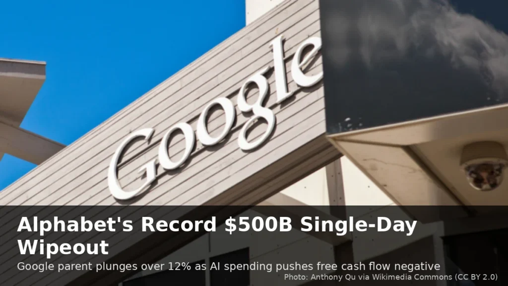 Google headquarters with the Google logo; Alphabet shares plunged over 12 percent in a record selloff