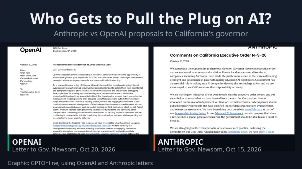 Side-by-side excerpts of OpenAI's and Anthropic's letters to California Governor Gavin Newsom