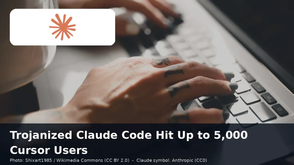 Developer laptop photo with Claude symbol and headline about the trojanized Claude Code extension