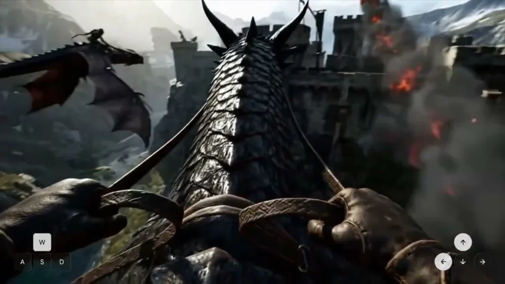 A dragon rider in a photorealistic world generated by Google DeepMind Genie 4