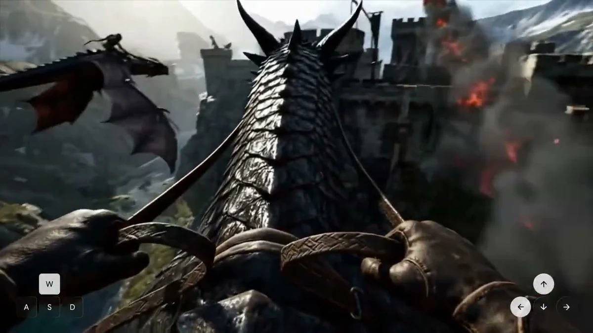 A dragon rider in a photorealistic world generated by Google DeepMind Genie 4