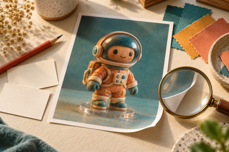 How to Create 3D-Style Figure Images with Google Gemini 9 Curled photo print showing an imaginary astronaut figurine, beside blank notes, colored swatches, a red pencil and magnifying glass.