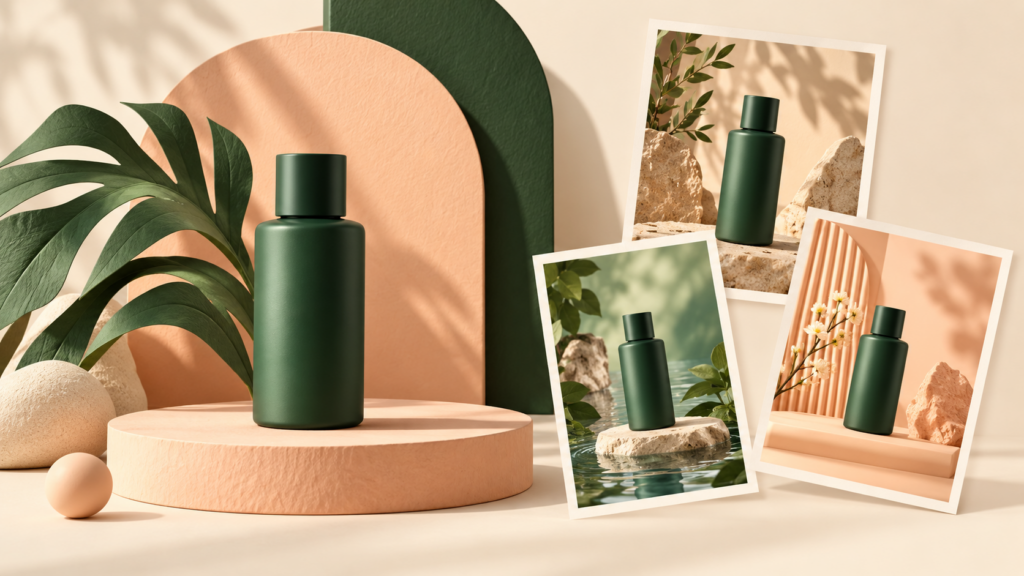 Flair AI 4 Editorial illustration of a green product bottle with three staged scene concepts