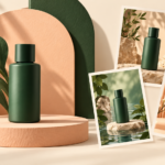 Editorial illustration of a green product bottle with three staged scene concepts
