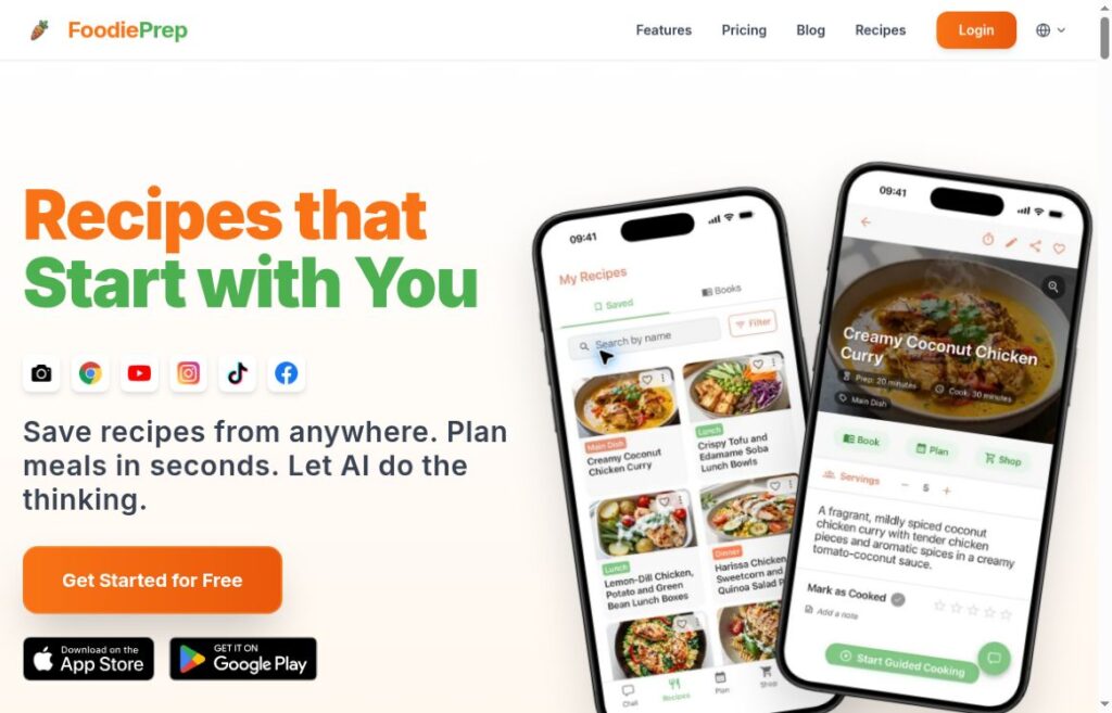 FoodiePrep official homepage showing recipe collection and cooking app previews