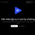 Frameway homepage with its chat-based video-editing headline and Book a demo and Join the waitlist controls.