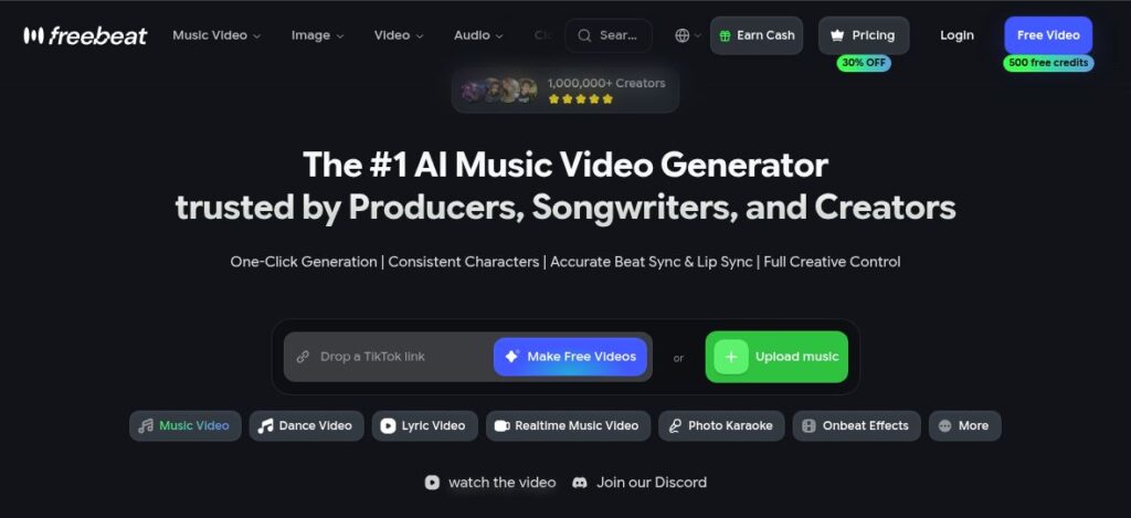 freebeat AI official homepage with music-video headline, empty music-link field, upload button and workflow controls
