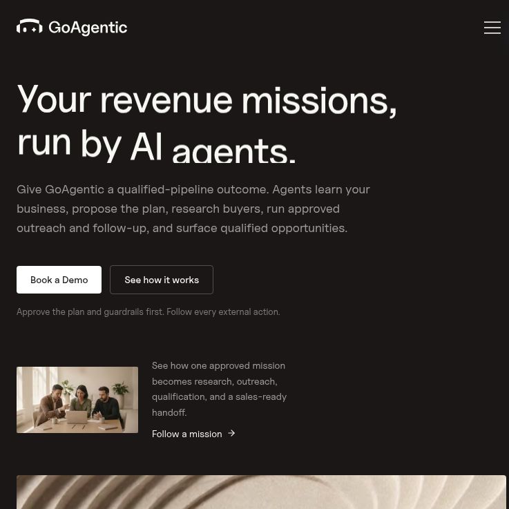 GoAgentic homepage with its Revenue Missions headline, Book a Demo button and workflow preview.