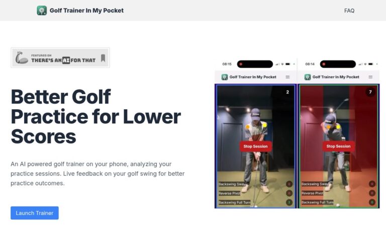 Golf Trainer In My Pocket 4 Golf Trainer In My Pocket homepage showing its brand, practice headline, introduction and provider-supplied phone demonstration images